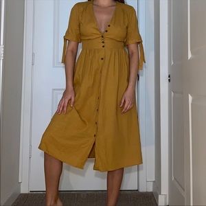 Rebellion Mustard Brown Linen Button MIDI Dress S